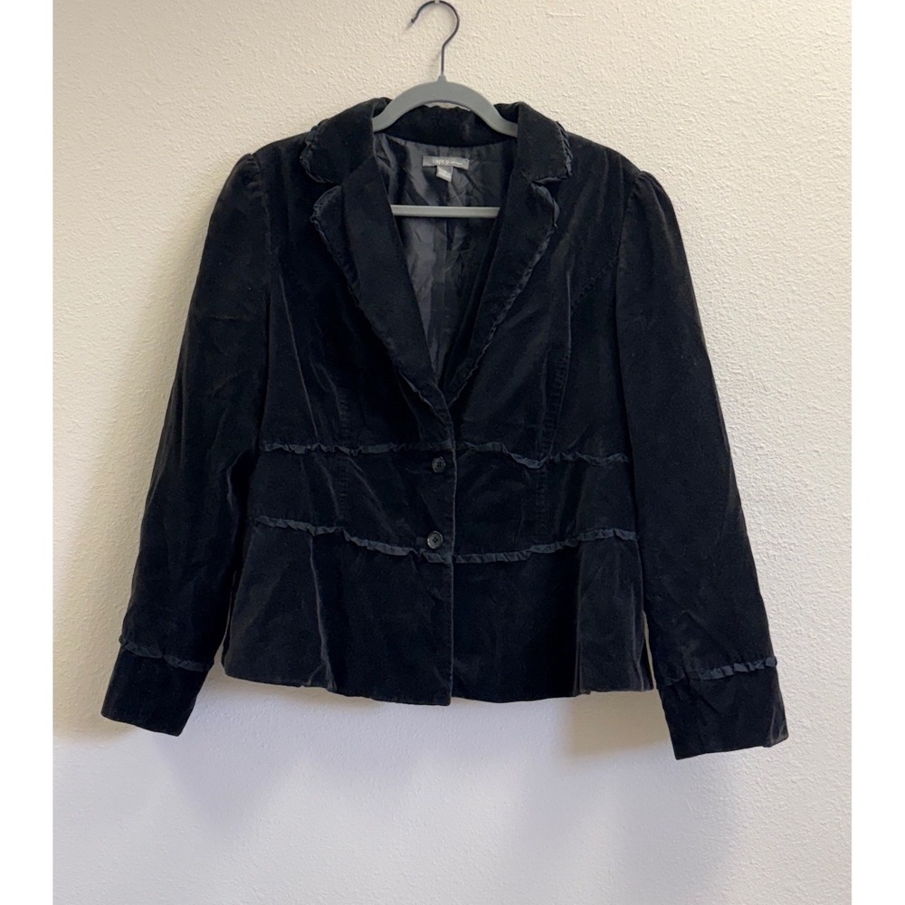 Apt. 9 Womens Black Cotton Velvet Tuxedo Ruffle Trim Blazer Jacket Size 16x